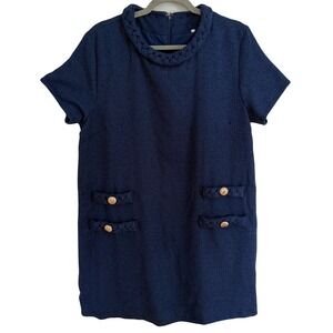 Navy Blue Tweed Gold Button Braided Neckline Shift Dress Preppy Academia X-Large